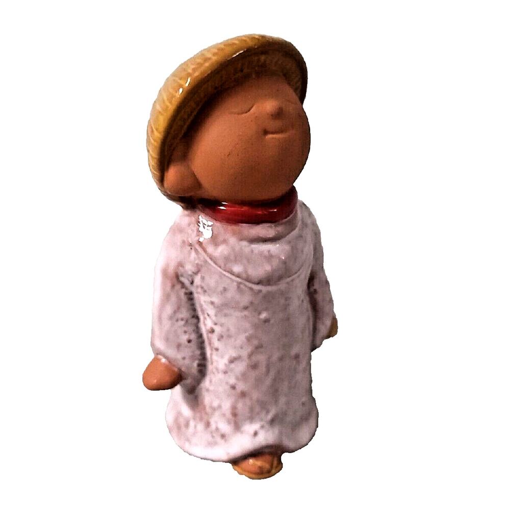 Small Pottery Oriental Boy Figurine Grass Hat Robe Purple Glazed Chinese